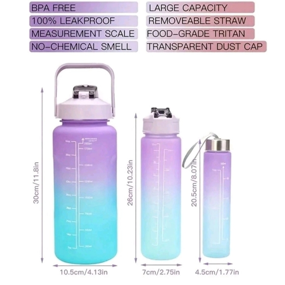 3pcs Outdoor Portable Gradient Color Leakproof Straw Water Bottle With Large Cap - Picture 2 of 4